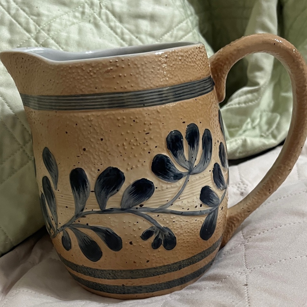 Tan Ceramic Pitcher with Blue Floral Motif